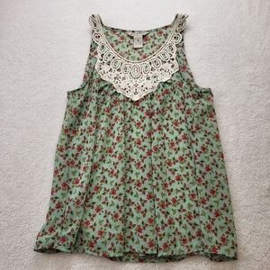 Fun and Flirt Green Floral Tank Top Blouse with Lace Women's Size Medium/M